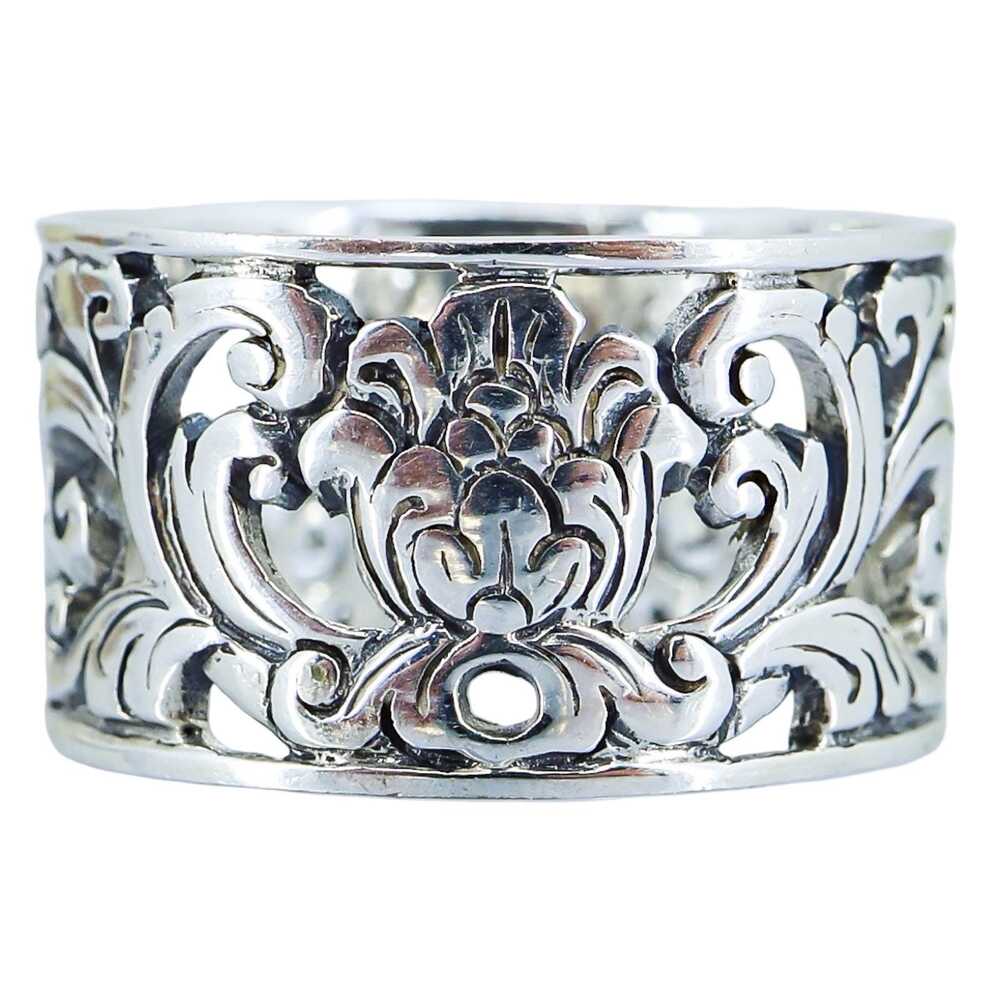 Vintage Sterling Silver Wide Cigar Band Ring Ornate Openwork Filigree Size 9
